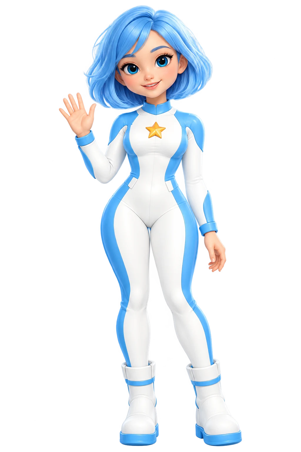 SKAI, a smiling blue-haired female robot, waving hello.